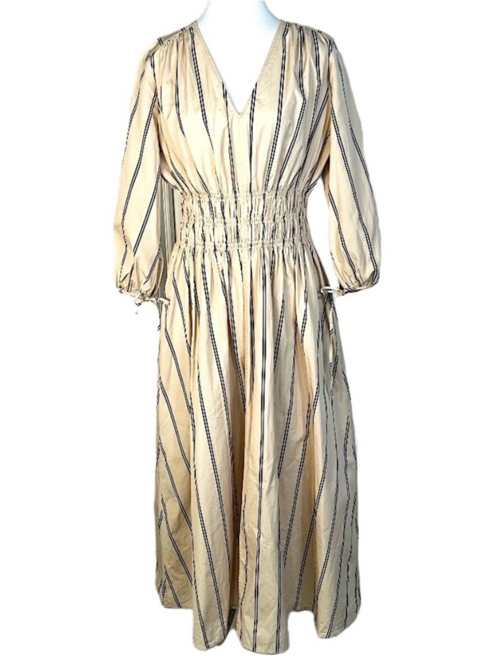 NWOT Nordstrom Signature Stripe Poplin Smocked Midi Dress Beige Navy XS